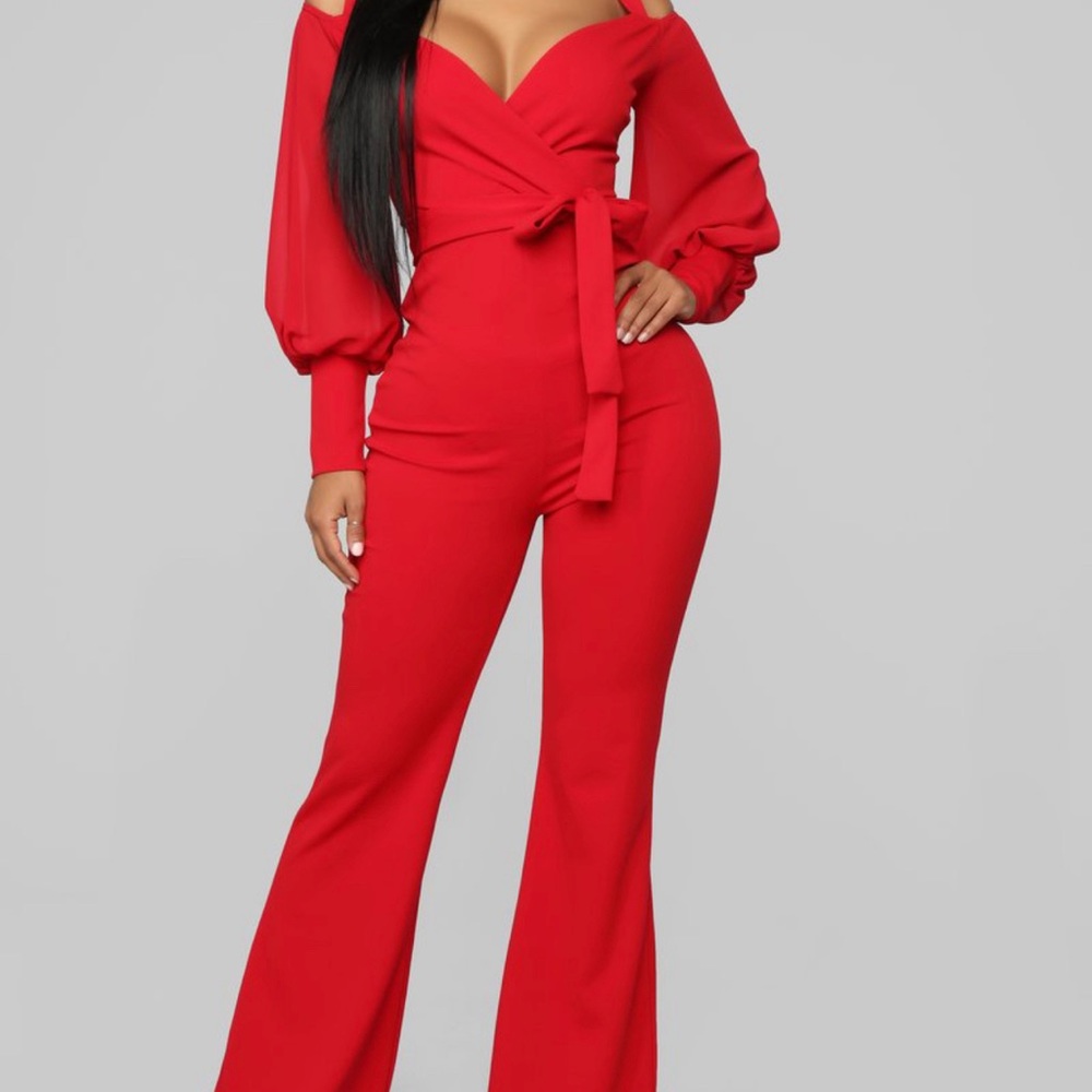 Red fashion nova falling for your charm jumpsuit